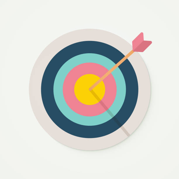 Target with perfect aim arrow. Vector illustration for target market , audience and consumer, success, perfection. Bullseye, goal, score sign. vector eps10 focus stock illustrations