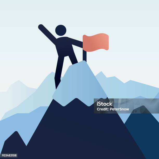 Stick Figure Character Icon On Top Of The Mountain Snowy Peak With A Flag Vector Illustration Design Stock Illustration - Download Image Now