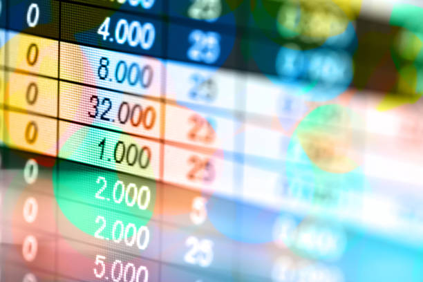 abstract numeric data - spreadsheet financial figures computer computer monitor imagens e fotografias de stock