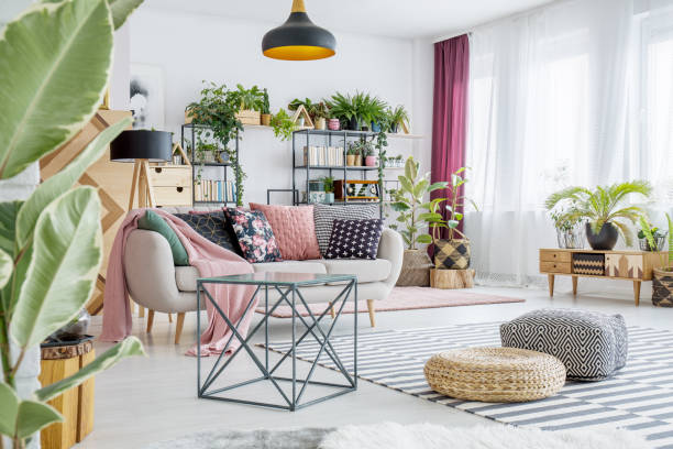 spacious living room with plants - loft apartment living room contemporary house imagens e fotografias de stock