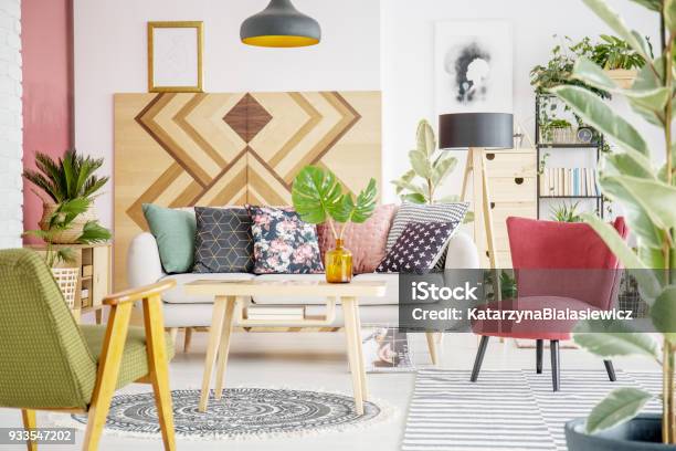 Patterned Cozy Living Room Stock Photo - Download Image Now - Cushion, Home Decor, Geometric Shape