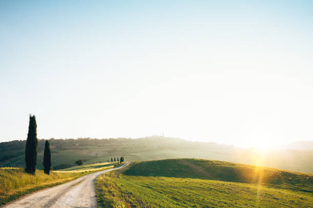 estrada para pienza - winding road sunlight field cultivated land - fotografias e filmes do acervo