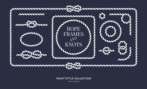 Print Nautical rope knots and frames set. Yacht style design. Vintage decorative elements. Template for prints, cards, fabrics, covers, flyers, menus, banners, posters and placard. Vector illustration. string illustrations stock illustrations