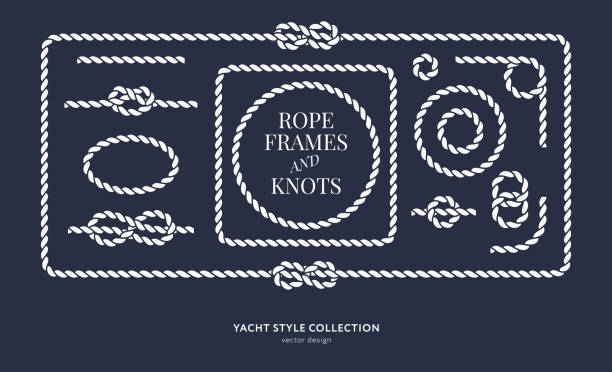Print Nautical rope knots and frames set. Yacht style design. Vintage decorative elements. Template for prints, cards, fabrics, covers, flyers, menus, banners, posters and placard. Vector illustration. tied knot stock illustrations