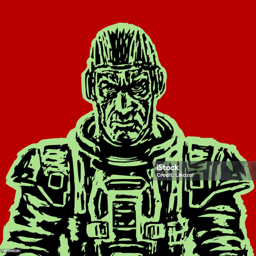 Old astronaut in a space suit without a helmet Old astronaut in a space suit without a helmet. Freehand digital drawing. Serious character. Abstract stock illustration