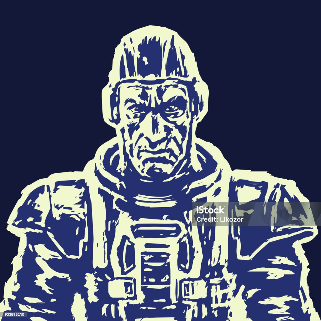 Old spaceman in a space suit without a helmet Old spaceman in a space suit without a helmet. Science fiction illustration in black and white Colors. Cosmonaut stock illustration