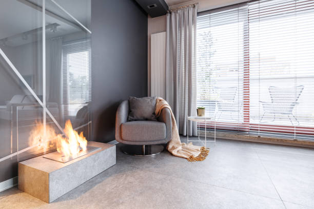 Fireplace in bright living room