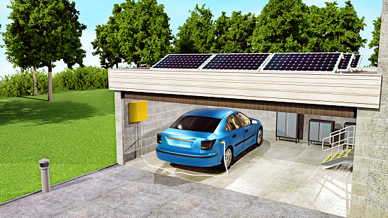 Electric car is parked in a garage in connection with a house. The car gets its batteries charged. On the roof of the garage is a solar power station. 

The image is a 3D render.