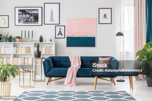 Blue Elegant Living Room Interior Stock Photo - Download Image Now - Domestic Life, Indoors, Pastel Colored