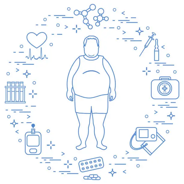 Vector illustration of Fat man with medical devices, tools and drugs around him. Health and treatment.