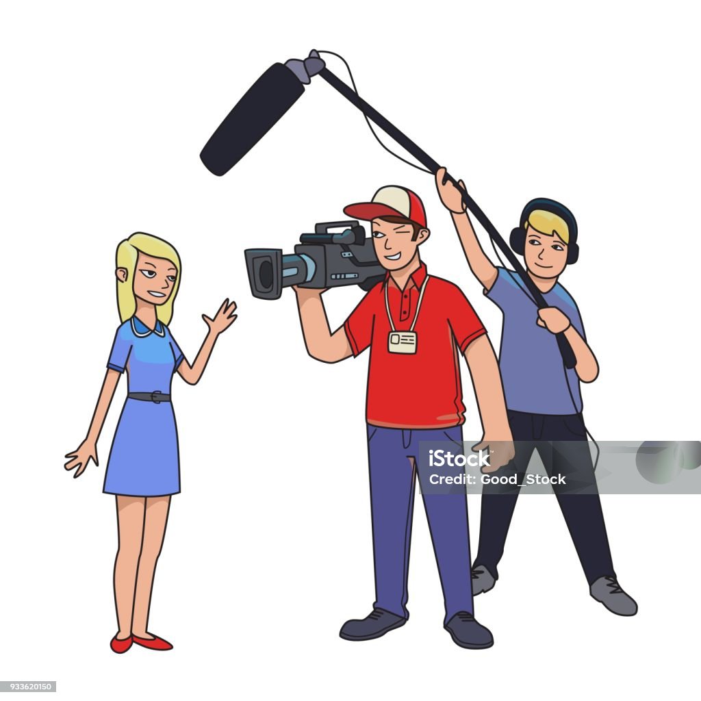 Tv Report Shooting News A Female Reporter Cameraman And Sound Engineer  Cartoon Vector Illustration Isolated On White Background Stock Illustration  - Download Image Now - iStock