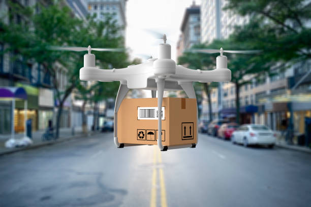 Delivery drone flying in city