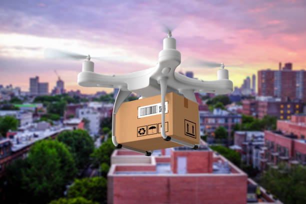 istock Delivery drone flying in city 933628760