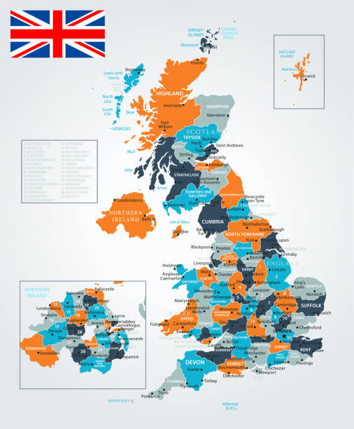 ilustrações, clipart, desenhos animados e ícones de 13 - reino unido - 10 azul-laranja - uk map british flag england