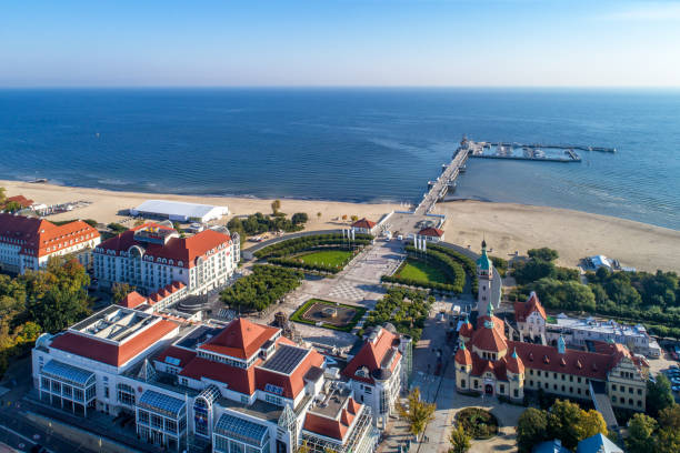 Sopot resort in Poland with SPA, pier, beach, hotels  and old lighthouse,  Aerial view. stock photo