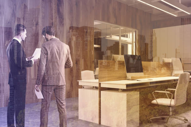 istock Wooden wall office corner with a poster toned 933641514