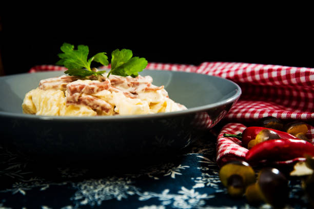 tasty Carbonara pasta on the table