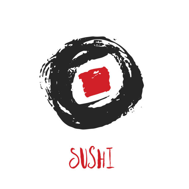 illustrations, cliparts, dessins animés et icônes de sushi roll logo freehand grunge pour restaurant ou café. cuisine traditionnelle japonaise isolée sur fond blanc, icône de la nourriture. - tuna food seafood japanese culture