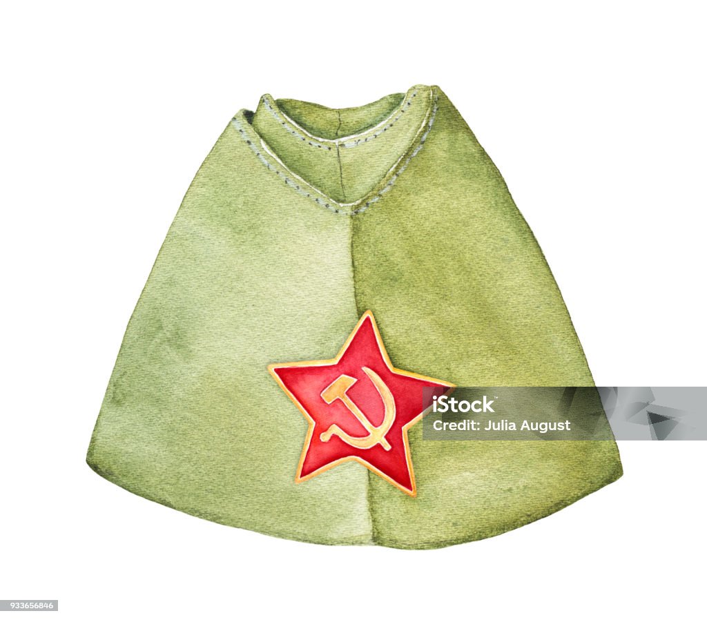 Russian military forage cap (garrison cap) with red star badge, front view. Most common type of cap used by Red Army during WWII and after until the 1980s. Hand drawn watercolour graphic drawing on white, isolate. World War I stock illustration
