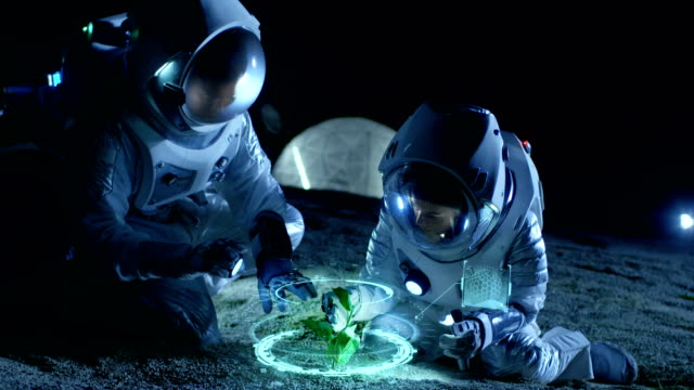 Two Astronauts Analyzing Plant Life Found on Alien Planet. Infographics Show Animated Data about Oxygen Generation, DNA and Molecular Structure. Technological Advance and Space Exploration.