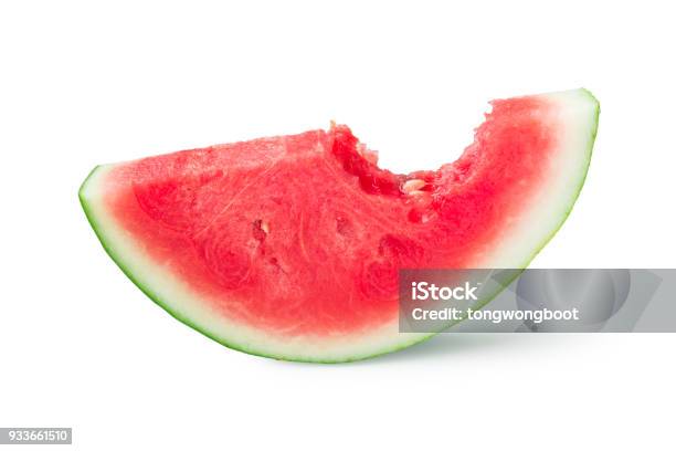 Slice Of Watermelon Isolated On White Stock Photo - Download Image Now - Biting, Watermelon, Fruit