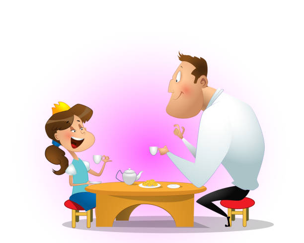 ilustrações de stock, clip art, desenhos animados e ícones de father drinking tea with daughter. - preschooler playing family summer