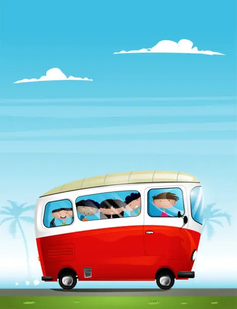 Vector illustration of Cute cartoon children in bus.