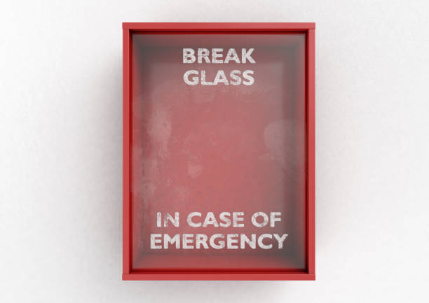 Break In Case Of Emergency Red Box An empty red emergency box with an in case of emergency breakable glass on the front on an isolated background - 3D render emergency break glass box stock pictures, royalty-free photos & images