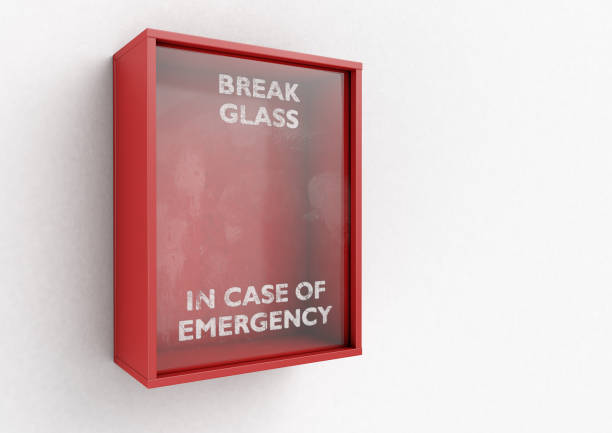Break In Case Of Emergency Red Box An empty red emergency box with an in case of emergency breakable glass on the front on an isolated background - 3D render emergency break glass box stock pictures, royalty-free photos & images