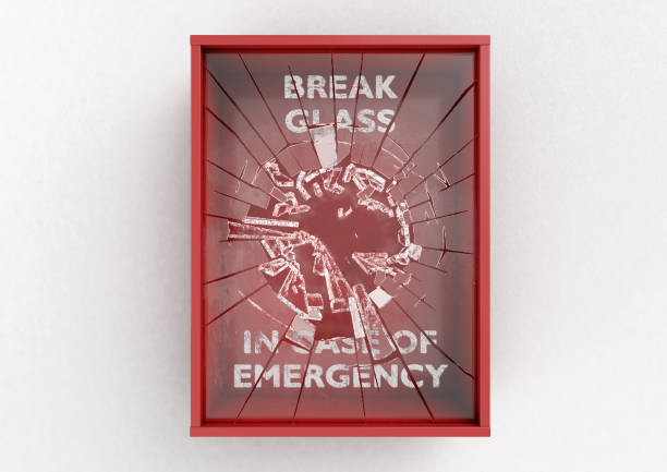 Break In Case Of Emergency Red Box An empty red emergency box with a shattering in case of emergency breakable glass on the front on an isolated background - 3D render emergency break glass box stock pictures, royalty-free photos & images