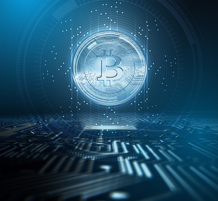 A bitcoin cryptocurrency hologram coin form hovvering over a computer circuit board overlaid with an analytical futuristic pattern - 3D render