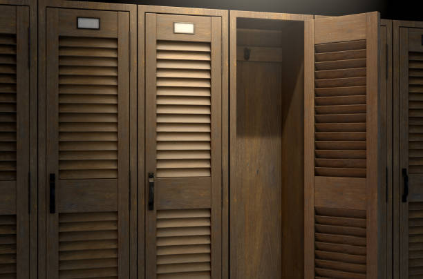 A row of vintage wooden gym lockers with one open door revealing an empty interior - 3D render
