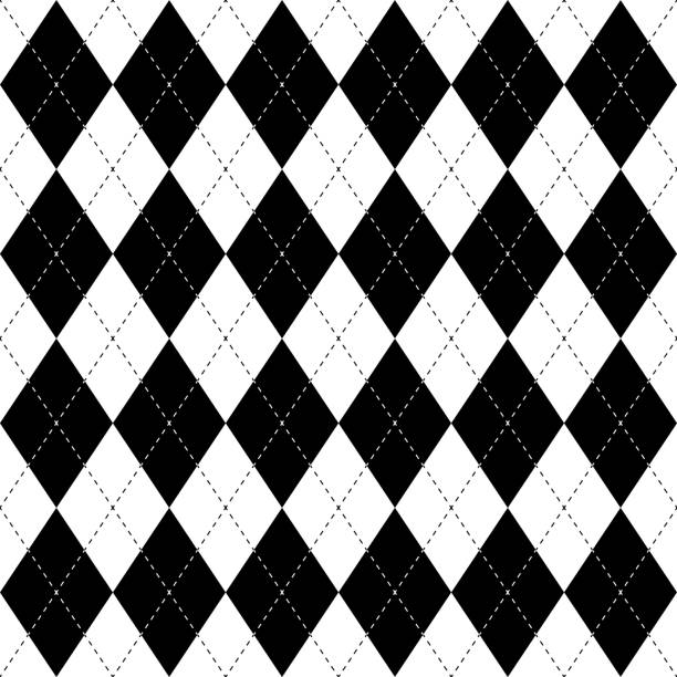 черно-белый аргайл бесшовный фон шаблона. алмазные формы с пунктирной линией. простая плоская векторная иллюстрация - argyle textile seamless pattern stock illustrations