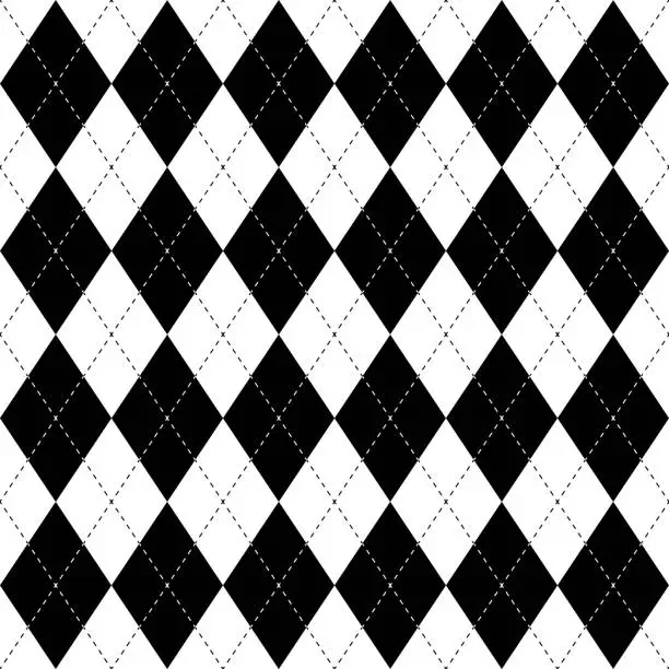 Vector illustration of Black and white argyle seamless pattern background. Diamond shapes with dashed lines. Simple flat vector illustration