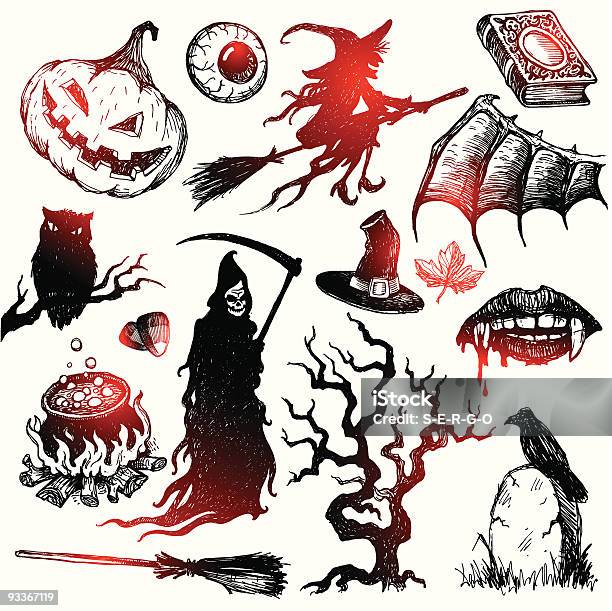 Und Halloween Horror Hand Drawn Set Stock Vektor Art und mehr Bilder von Augapfel - Augapfel, Tierflügel, Abgestorbene Pflanze