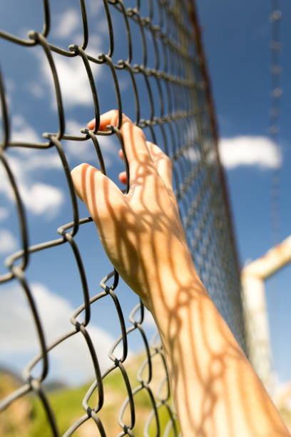 istock Hands on the fence raised in the blue sky 933680796