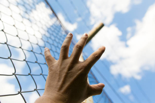 istock Hands on the fence raised in the blue sky 933680930