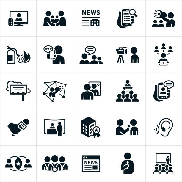 Public Relations Icons An icon set of public and media relations icons. The icons include press coverage on television, mobile devices and websites. The icons also include news stories, PR strategies, bullhorn, putting out fires, company reviews, communications with the public, social media, billboard advertising, company image, presentations, trade show booth, company award, press interviews, online news and conventions to name a few. interview event symbols stock illustrations