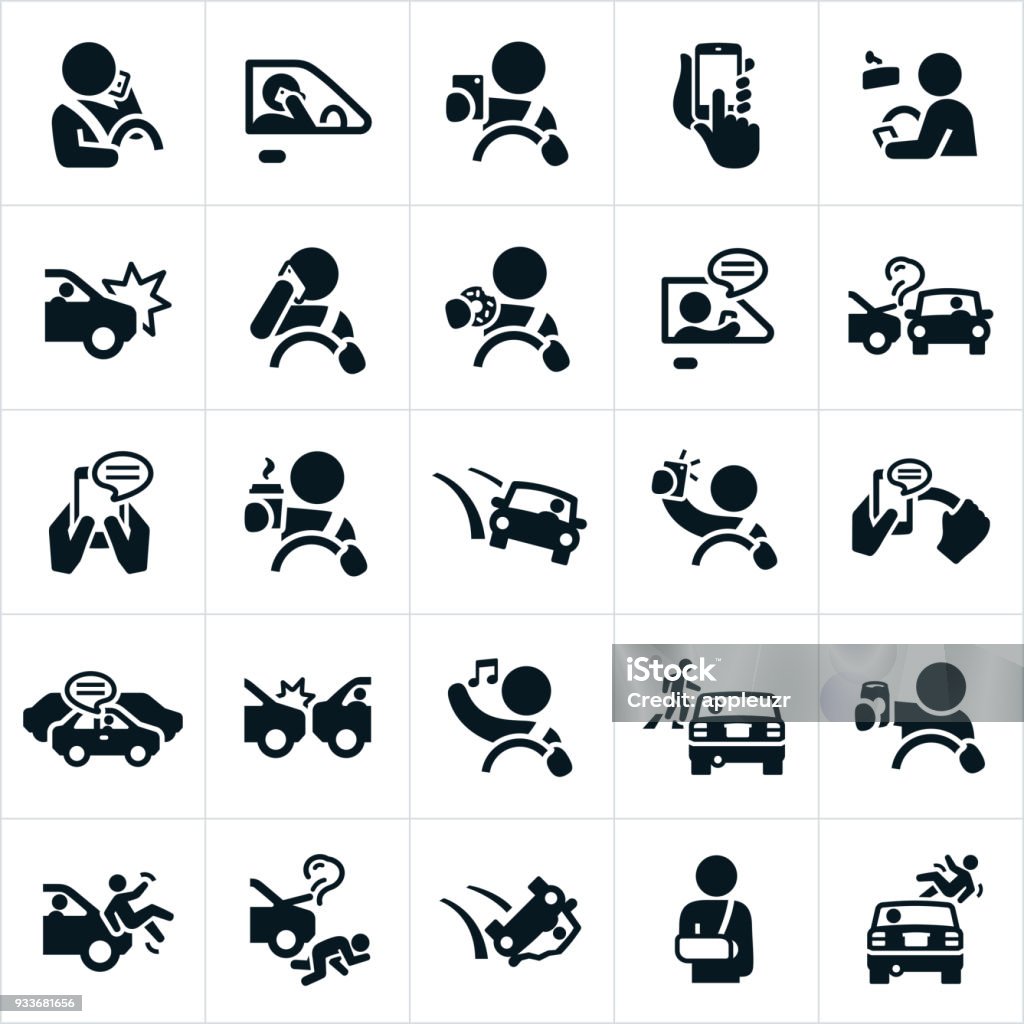 Distracted Driving Icons A set of icons representing distracted driving. The icons include distracted drivers eating, drinking coffee, texting, talking on the phone, using mobile devices, listening to music, drinking alcohol, and taking selfies while driving. The set of icons also include car crashes associated with distracted driving as well as pedestrians being hit by their cars. Icon Symbol stock vector