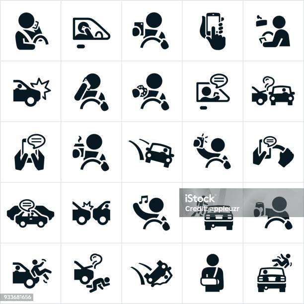 Distracted Driving Icons Stock Illustration - Download Image Now - Icon Symbol, Driving, Car Accident