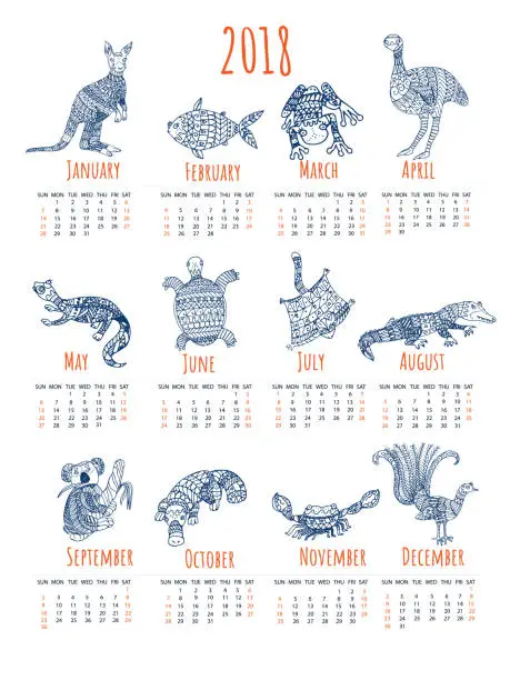 Vector illustration of Calendar for 2018 with australian animals.