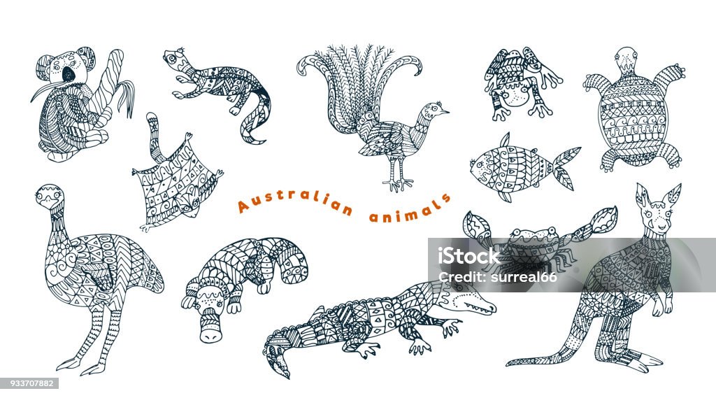 folk australian animal vector set. Stylized australian animals vector collection. Australian Culture stock vector