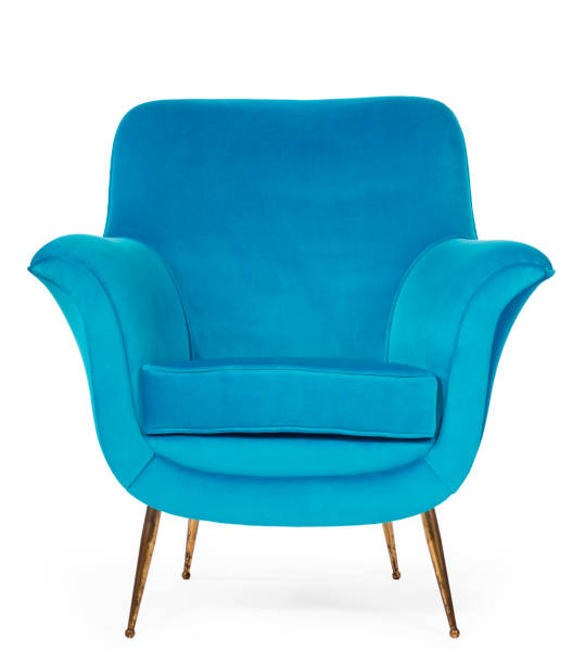 alte retro 60er jahre stil stuhl in blau - armchair stock-fotos und bilder