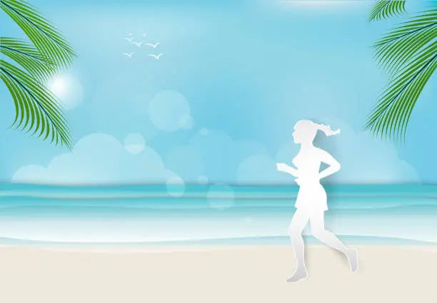 Vector illustration of Woman jogging on the beach in the morning Paper art background  paper cut illustration