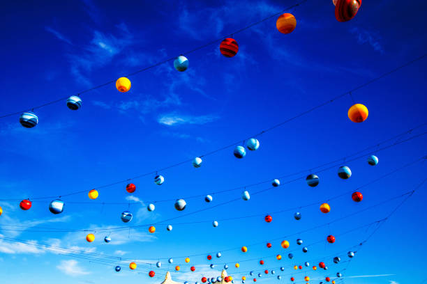 Nice colorful lampions (lamps) in red, yellow and blue with a clear blue sky on a summer day