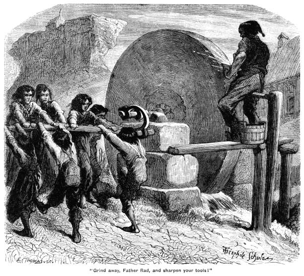 A knife-grinder in Alsace is sharpening an implement on his large stone wheel which the village children are using their combined strength the turn, whether willingly or unwillingly.From “The Cottager and Artisan” published by The Religious Tract Society, London, for the year 1877.
