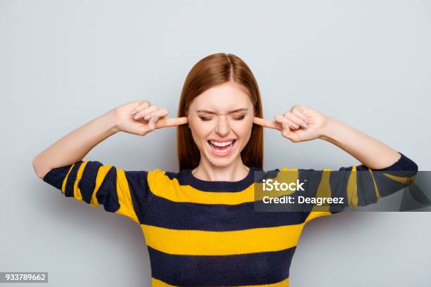 Negative Mood Pms Scream Routine Failure Loser Headache Struggle Concept Portrait Of Sad Unhappy Upset Disappointed Frustrated Shouting Exhausted Manager Closing Ears Isolated On Gray Background Stock Photo - Download Image Now