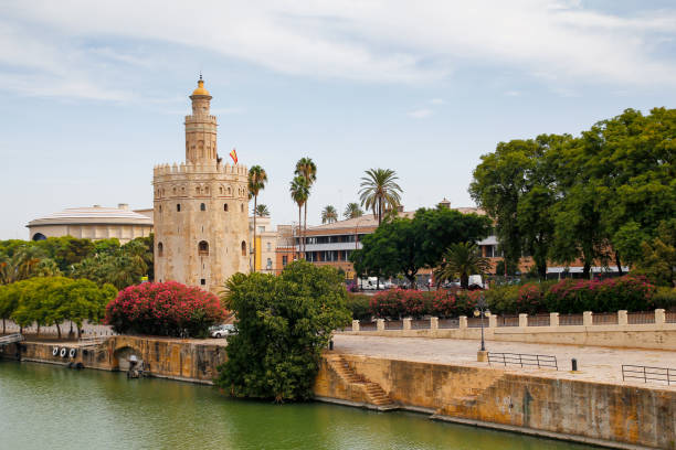 황금의 탑 인 세빌리아, 스페인 - seville torre del oro sevilla spain 뉴스 사진 이미지