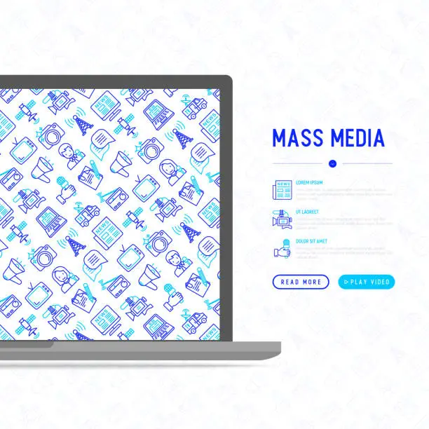 Vector illustration of Mass media concept with thin line icons: journalist, newspaper, article, blog, report, radio, internet, interview, video, photo. Modern vector illustration for banner, print media, web page.