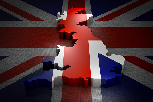 Volumetric map of the Great Britain on the flag. 3d rendering.